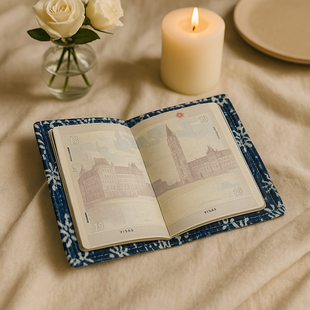 Fabric Passport Cover - Blue with Block Print