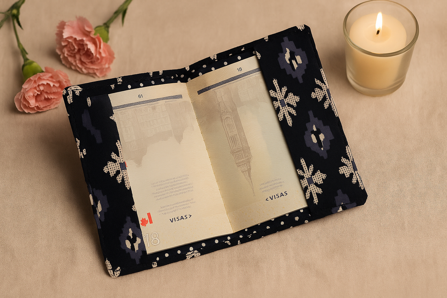 Fabric Passport Cover - Black with Block Print