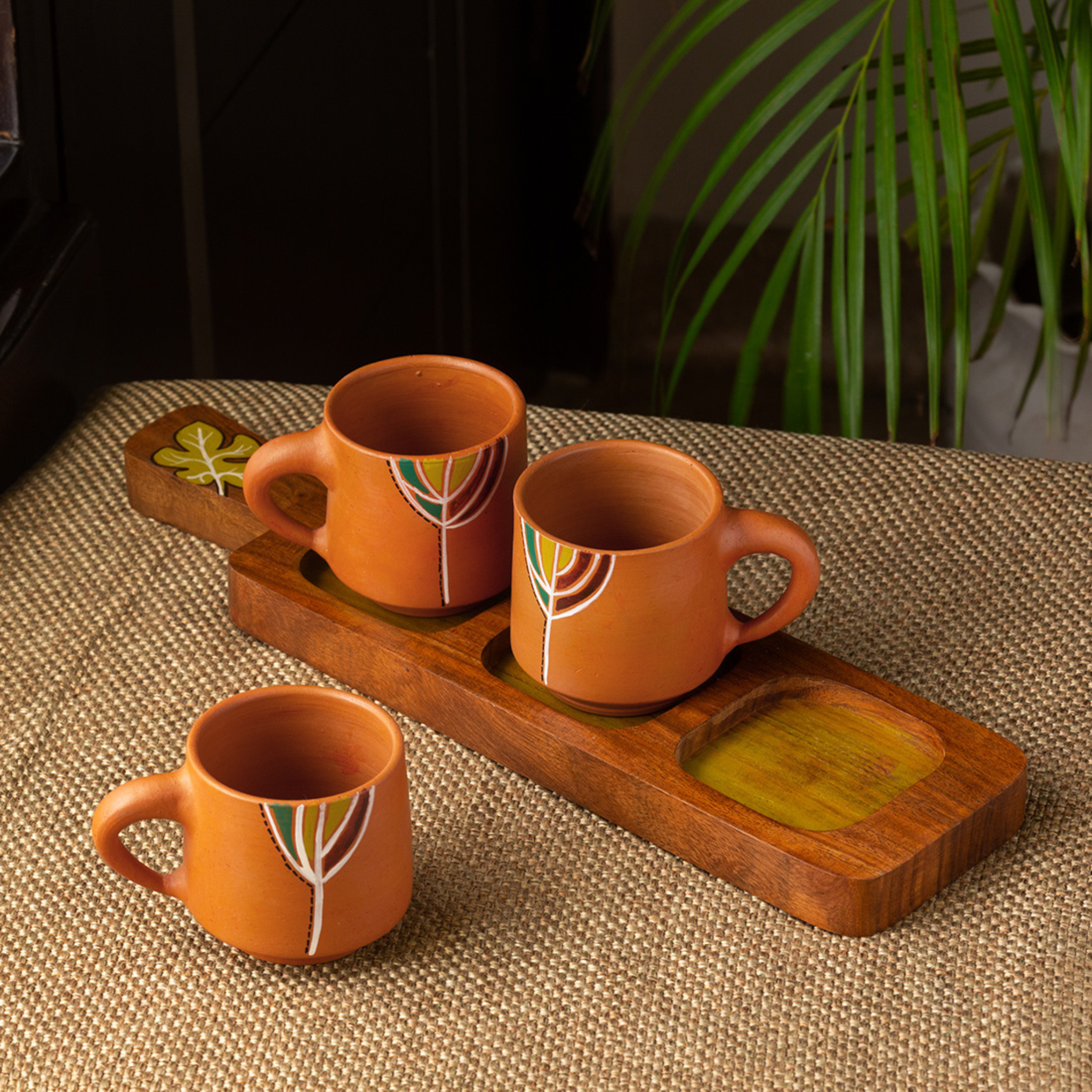 Coffee/Tea cups with Tray - Leafy Wonders (Set of 3pcs) (160ml)