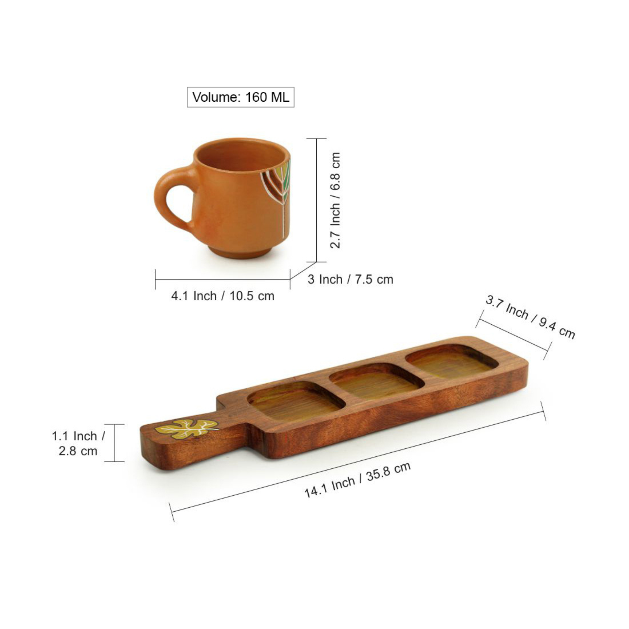 Coffee/Tea cups with Tray - Leafy Wonders (Set of 3pcs) (160ml)