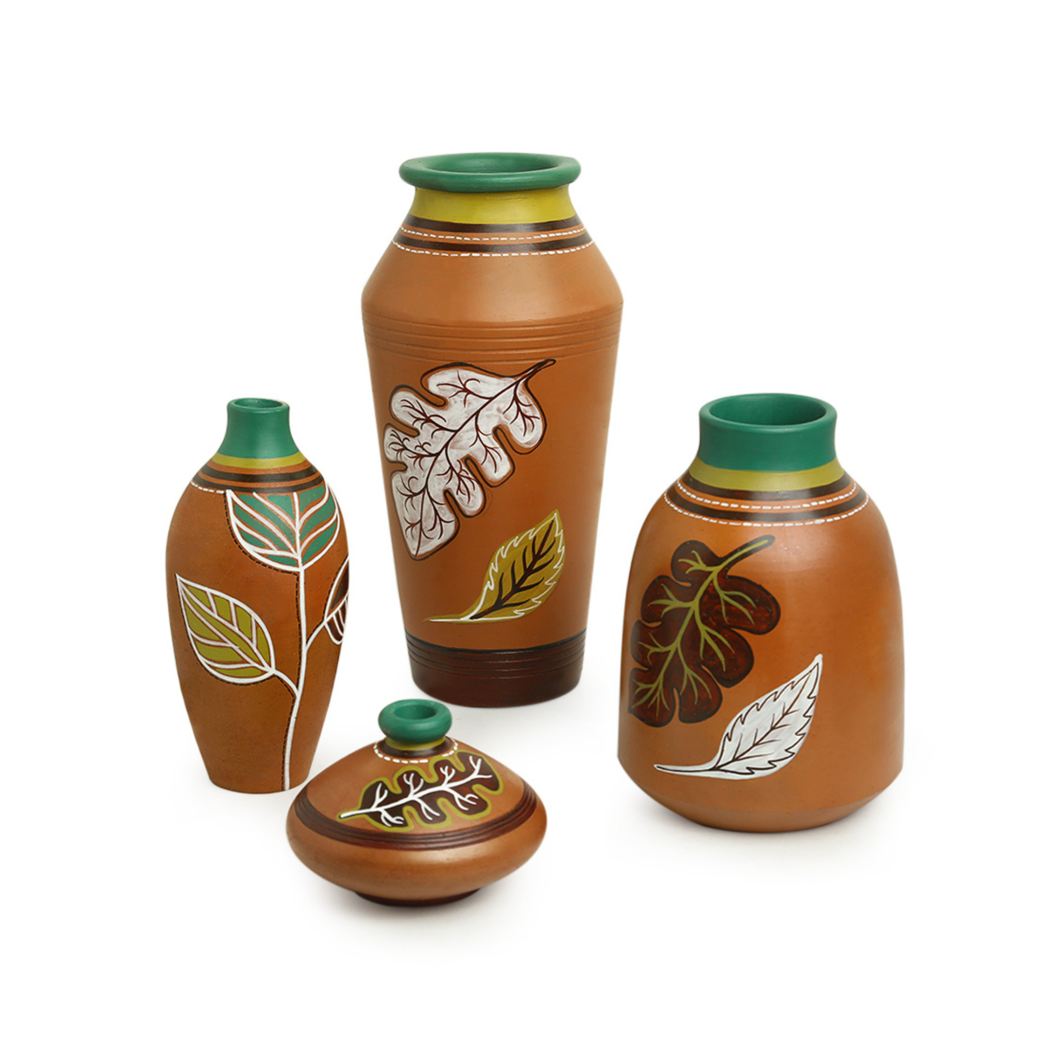 Set Of 4 Vase - Handpainted Leaf (Teracotta)