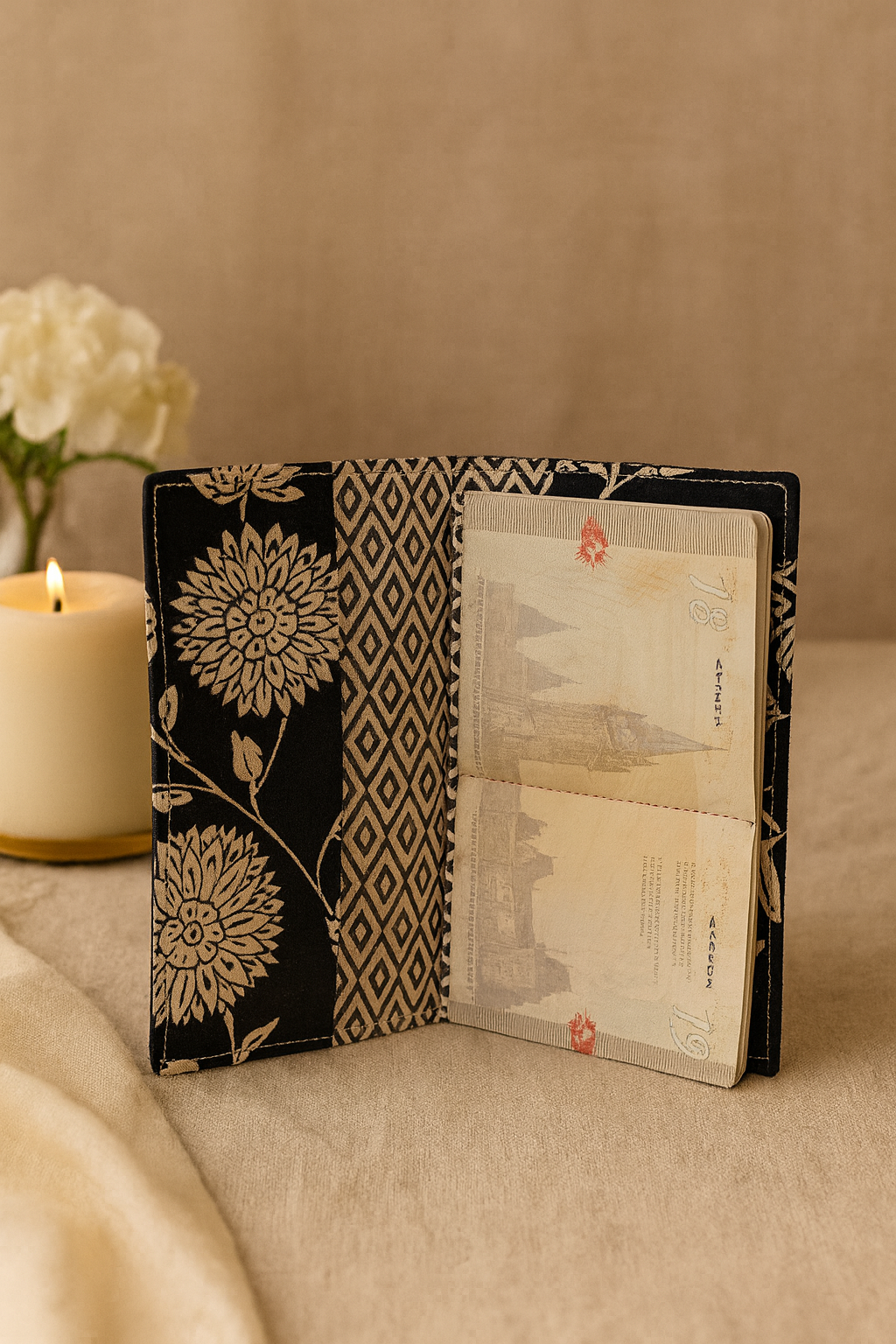 Fabric Passport Cover - Black with Flower Print