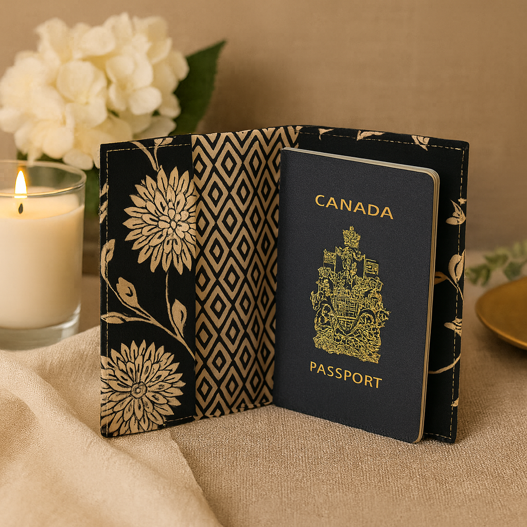 Fabric Passport Cover - Black with Flower Print