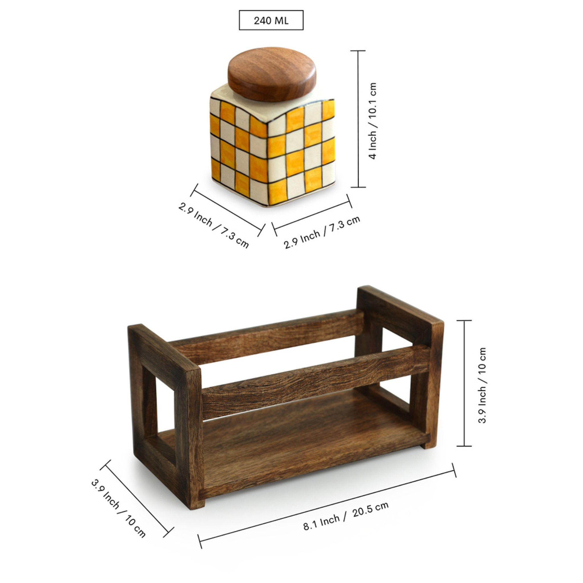 Set of 3 - Air-tight Storage Jars with in ceramic with wooden Holder- Chess checkered design (240ml)