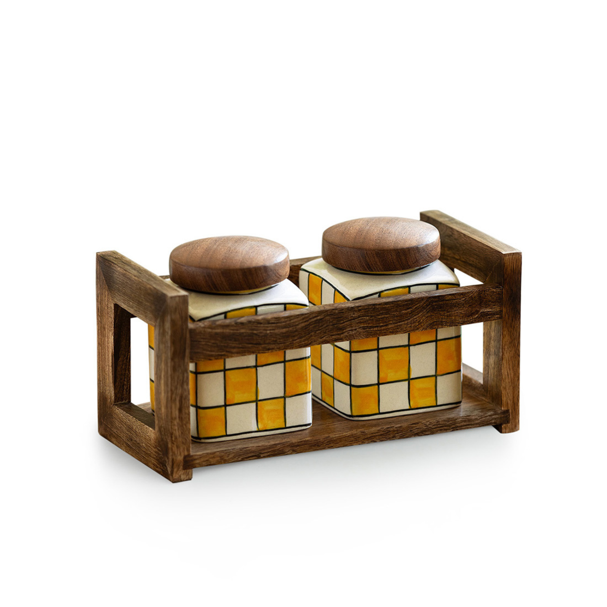 Set of 3 - Air-tight Storage Jars with in ceramic with wooden Holder- Chess checkered design (240ml)