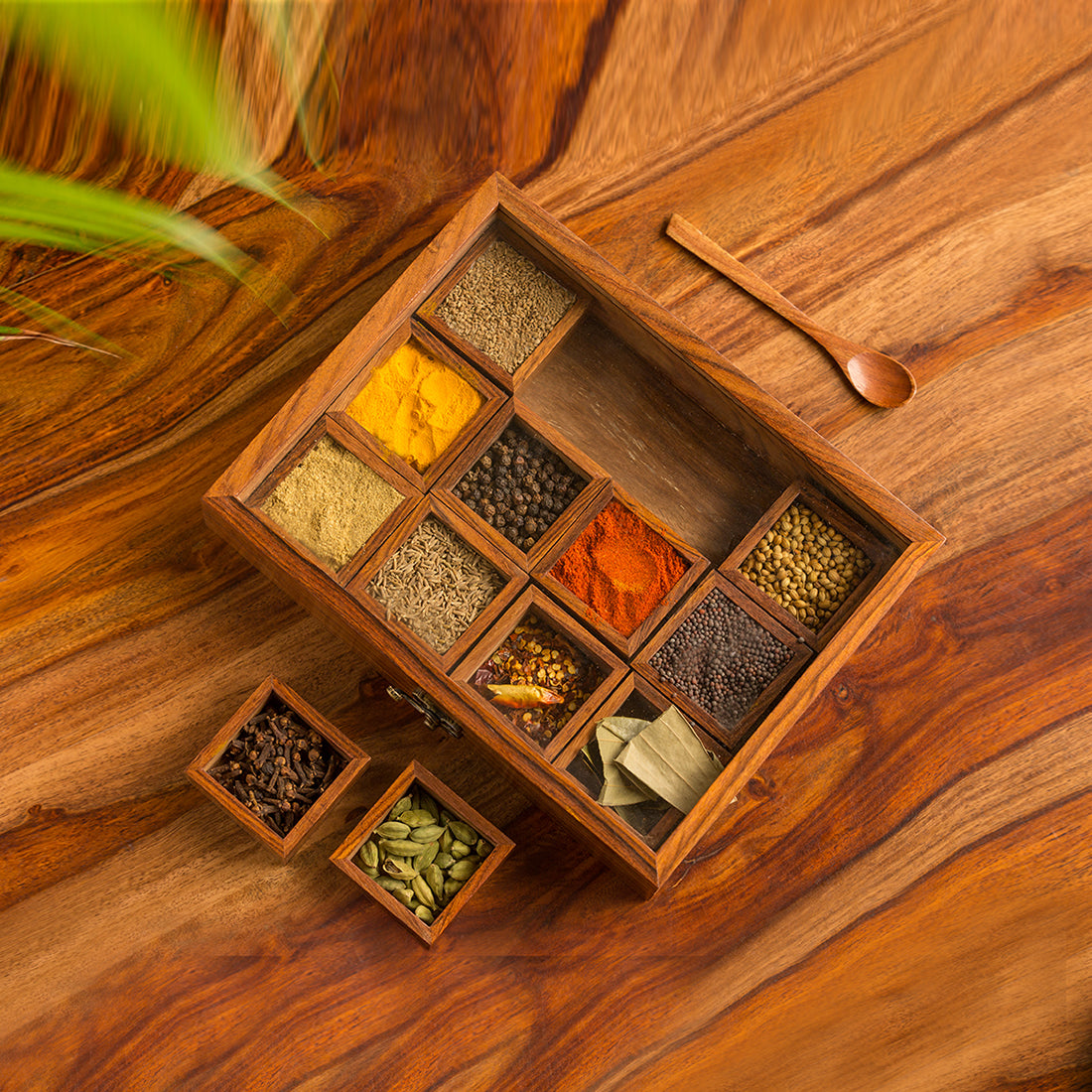Spice Box - Twelve Treasures in Sheesham Wood with spoon (12 containers)