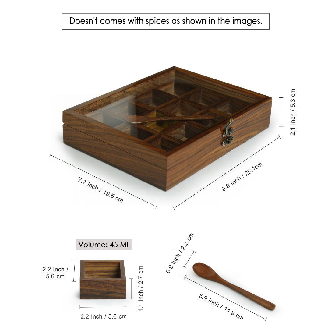 Spice Box - Twelve Treasures in Sheesham Wood with spoon (12 containers)