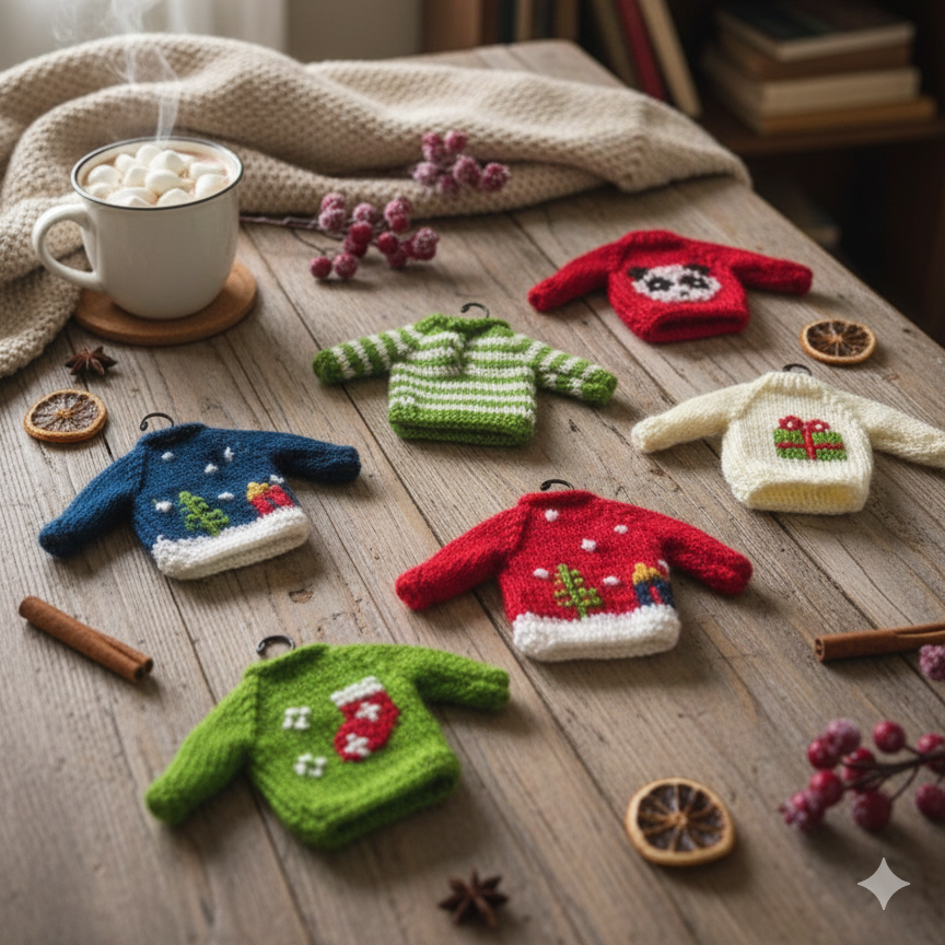 Miniature knitted sweaters on a wooden table with a cup of hot chocolate and decorative elements.