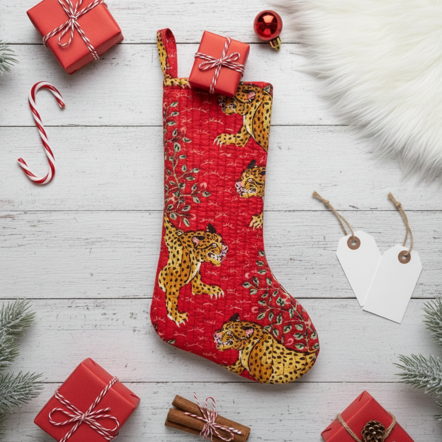 Handmade Kantha Christmas Stocking – Red Leopard Print Holiday Décor