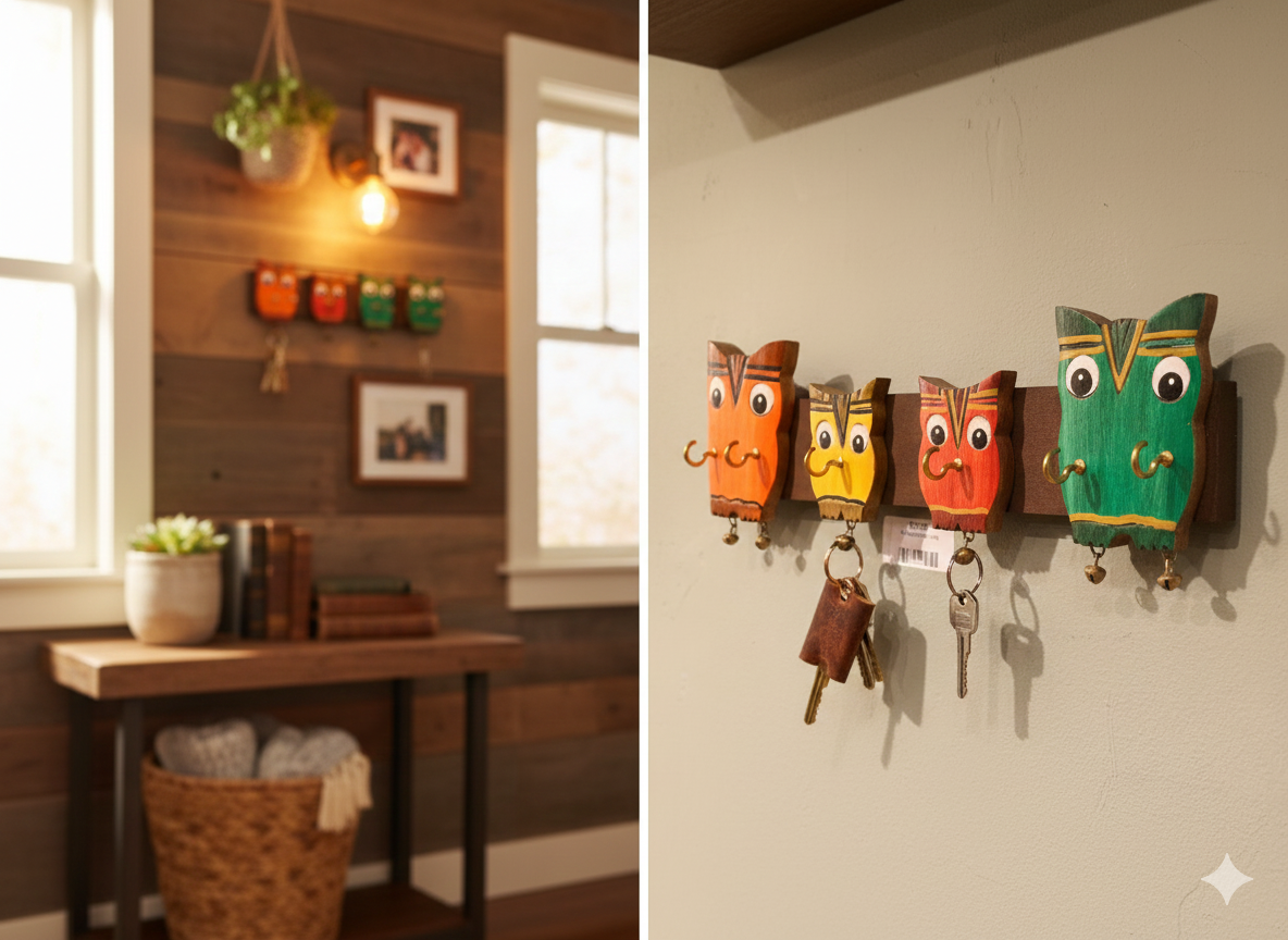 Handpainted Owl Wooden Key Holder | 6-Hook Wall Key Rack for Home Entryway)
