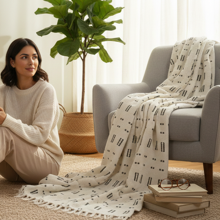 Hand Knitted/Woven Throw | 50" x 60" | 100% Cotton