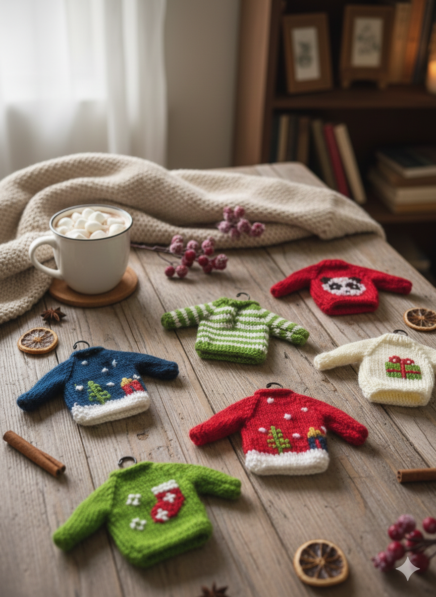 Hand-Stitched Mini Sweater Gift/Ornament (Green Stripes) – 5”