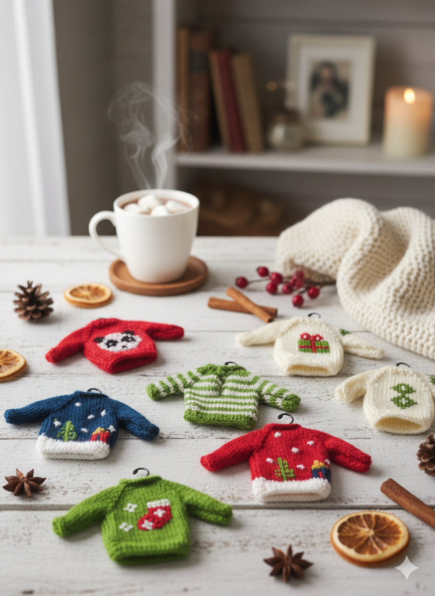 Hand-Stitched Mini Sweater Gift/Ornament (White with Gift Box stitch) – 5”