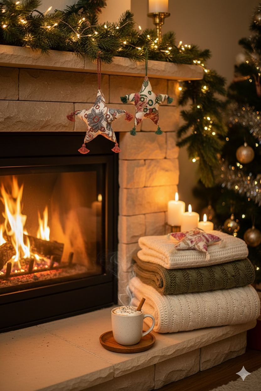 Artisan Stitched Holiday Decor - Fabric Sage Star - Red