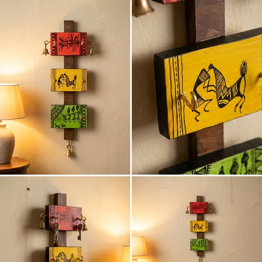 Wooden Warli Art Key Holder – 6 Hook Wall Organizer