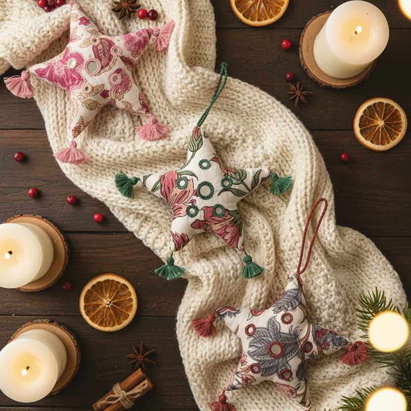 Artisan Stitched Holiday Decor - Fabric Sage Star - Pink