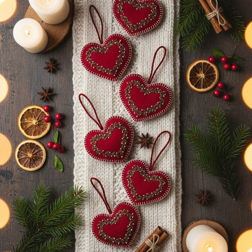 Artisan Stitched Red Fabric Heart Ornament