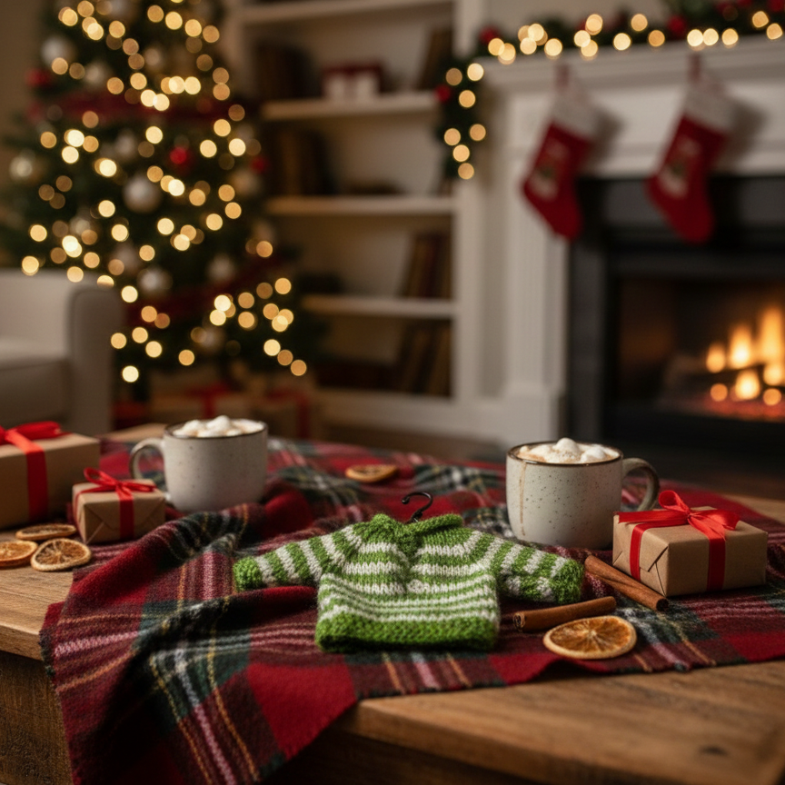 Hand-Stitched Mini Sweater Gift/Ornament (Green Stripes) – 5”