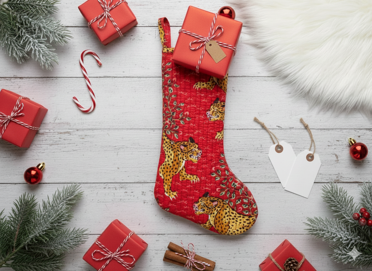Handmade Kantha Christmas Stocking – Red Leopard Print Holiday Décor