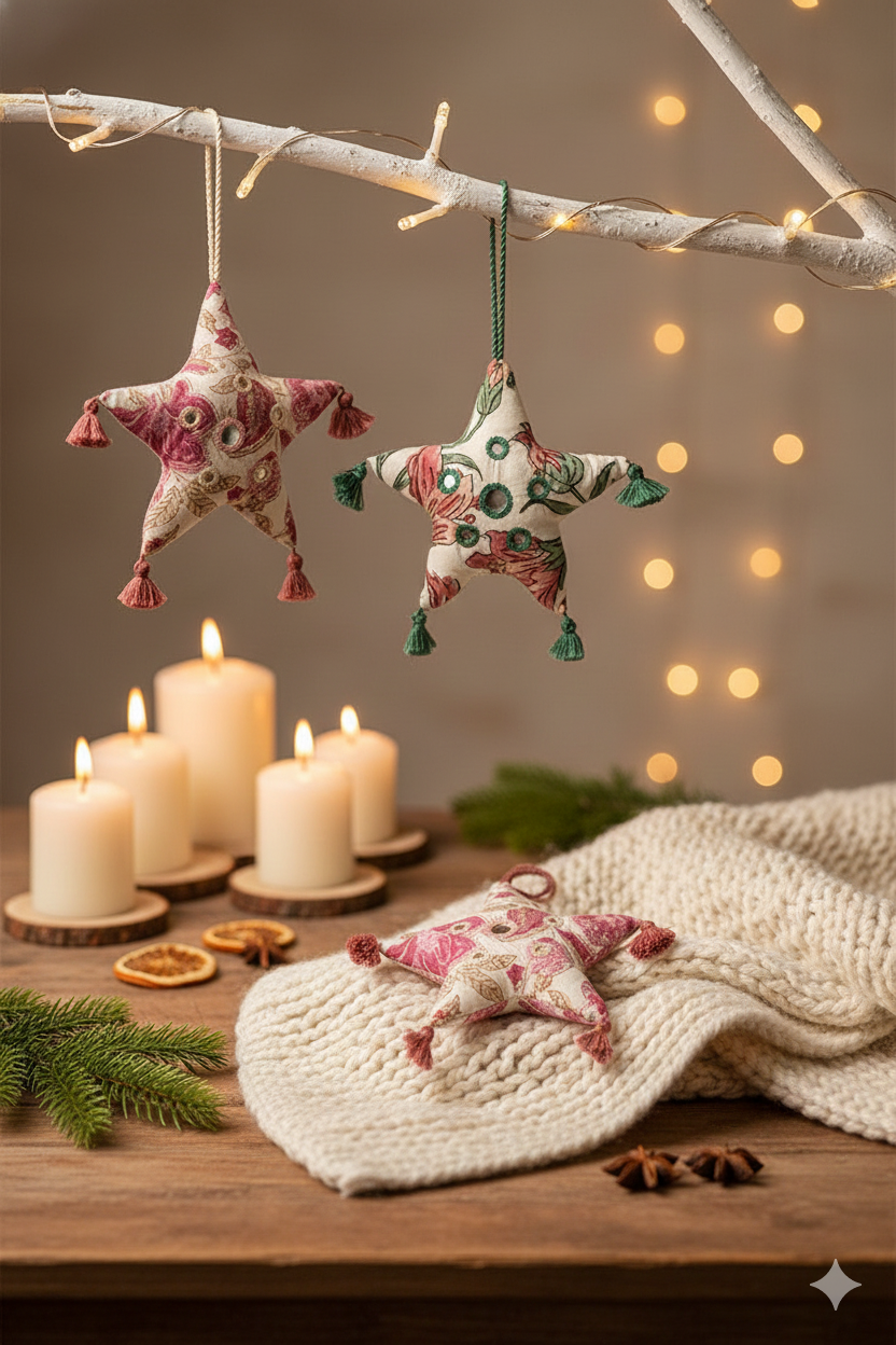 Artisan Stitched Holiday Decor - Fabric Sage Star - Red