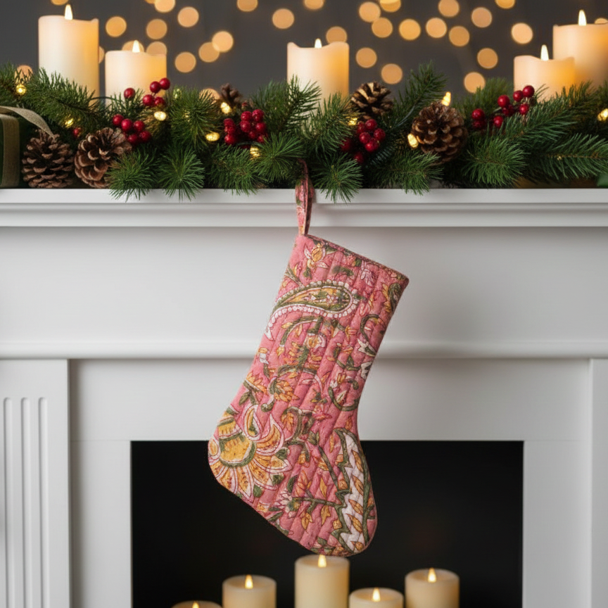 Block Print Christmas Stocking – Handmade Quilted Holiday Gift (Pink )