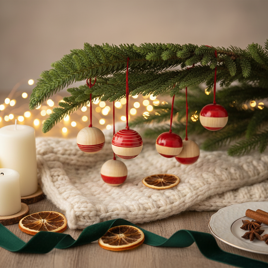 Classic Christmas Tree Decoration - Handmade Wooden Red Bauble Ornament