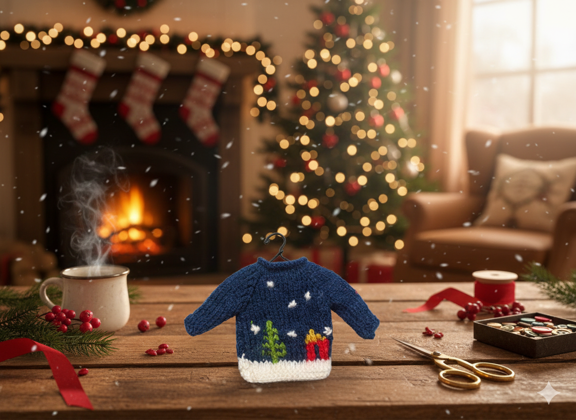 Hand-Stitched Mini Sweater Gift/Ornament (Blue/White) – 5”