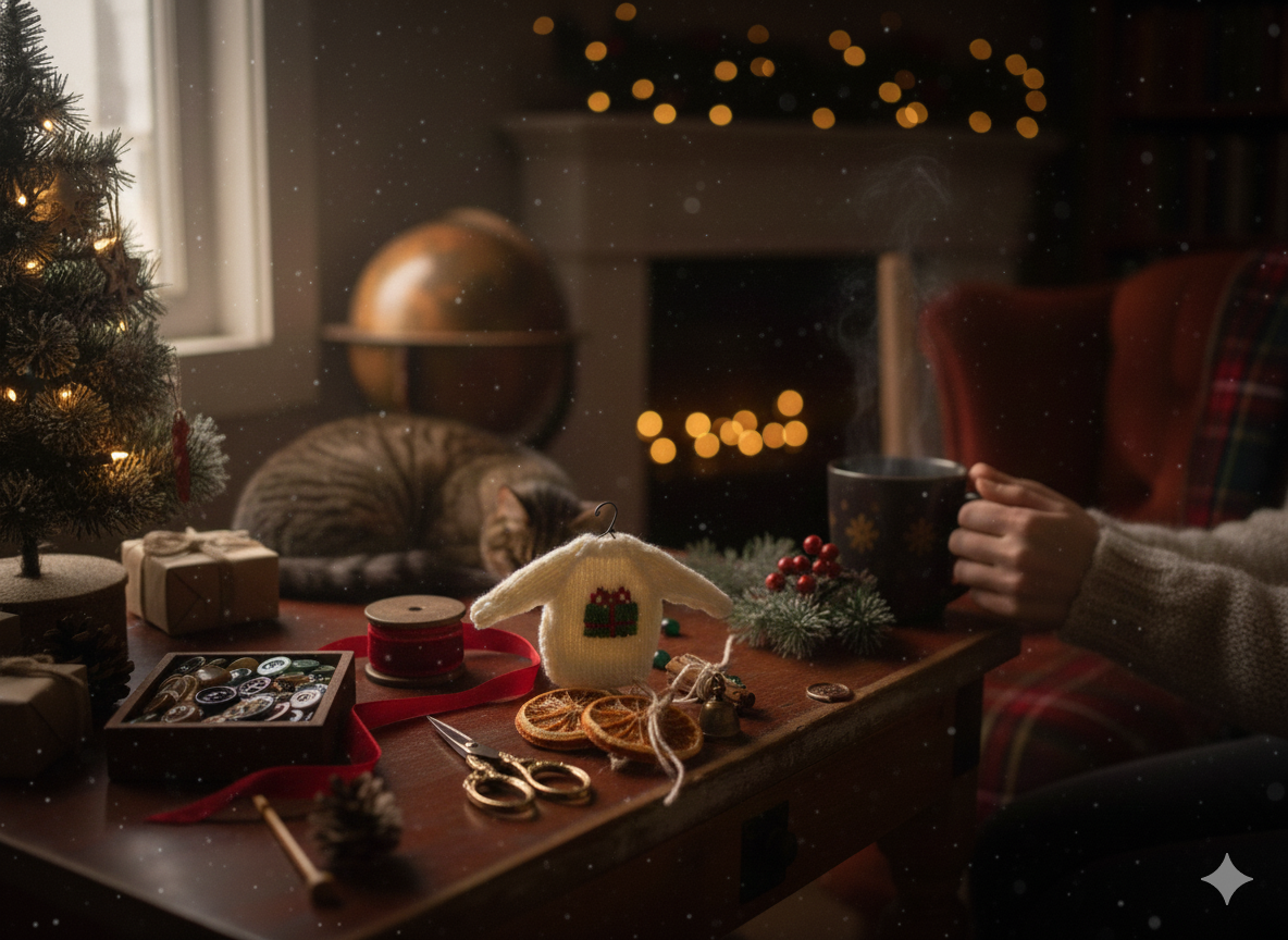 Hand-Stitched Mini Sweater Gift/Ornament (White with Gift Box stitch) – 5”