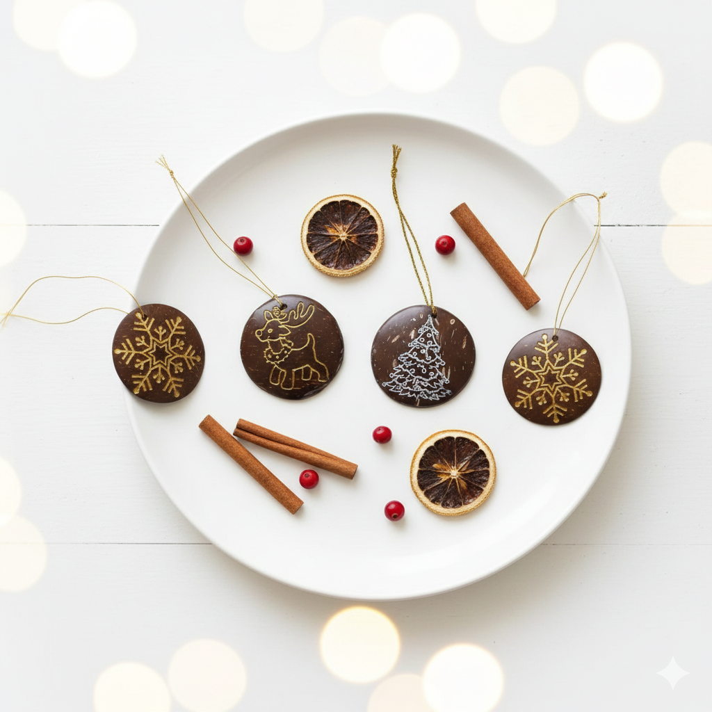 Hand-Carved Coconut Shell Christmas Ornament – Reindeer