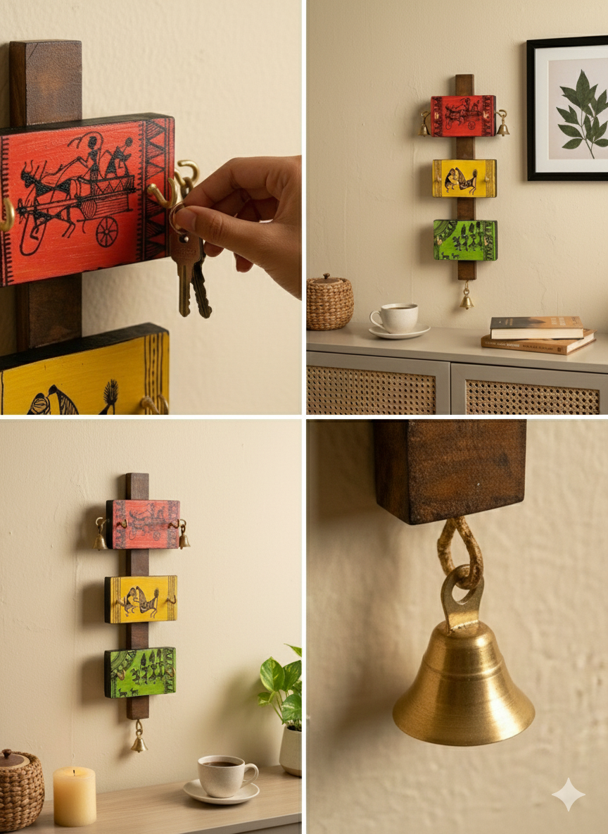 Wooden Warli Art Key Holder – 6 Hook Wall Organizer