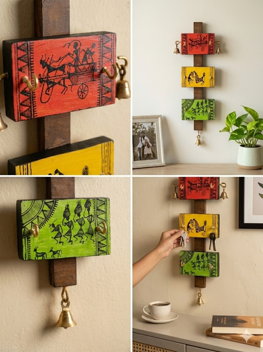 Wooden Warli Art Key Holder – 6 Hook Wall Organizer