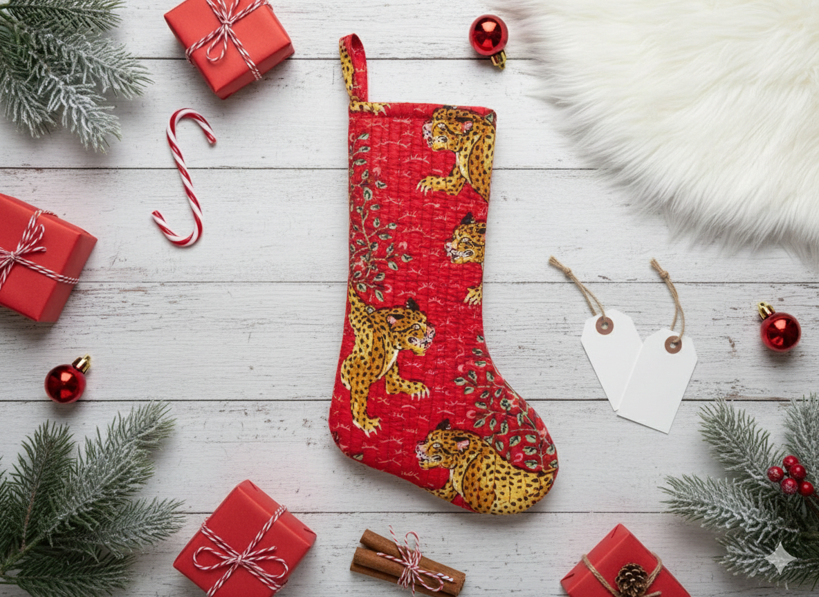 Handmade Kantha Christmas Stocking – Red Leopard Print Holiday Décor