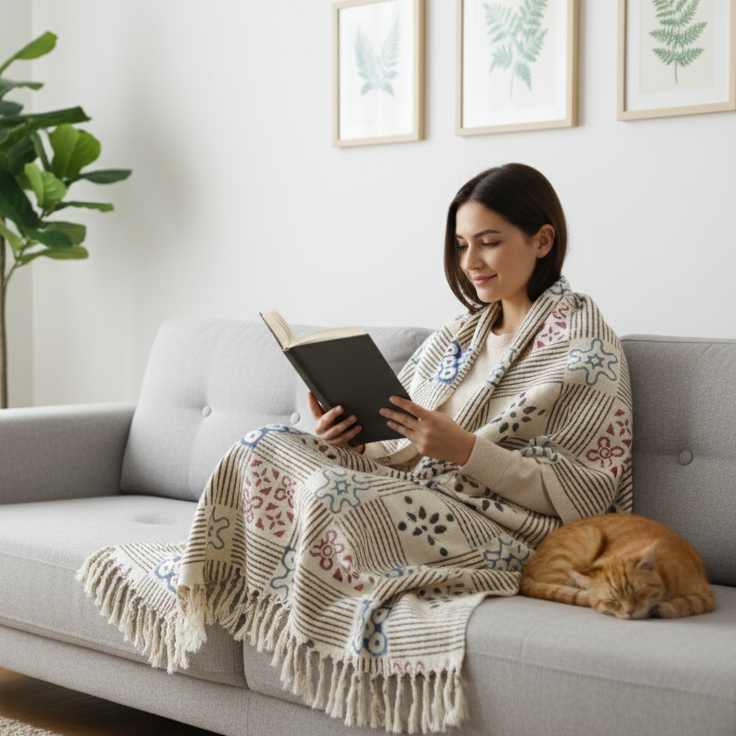 Hand Knitted/Woven Throw | 50" x 60" | 100% Cotton