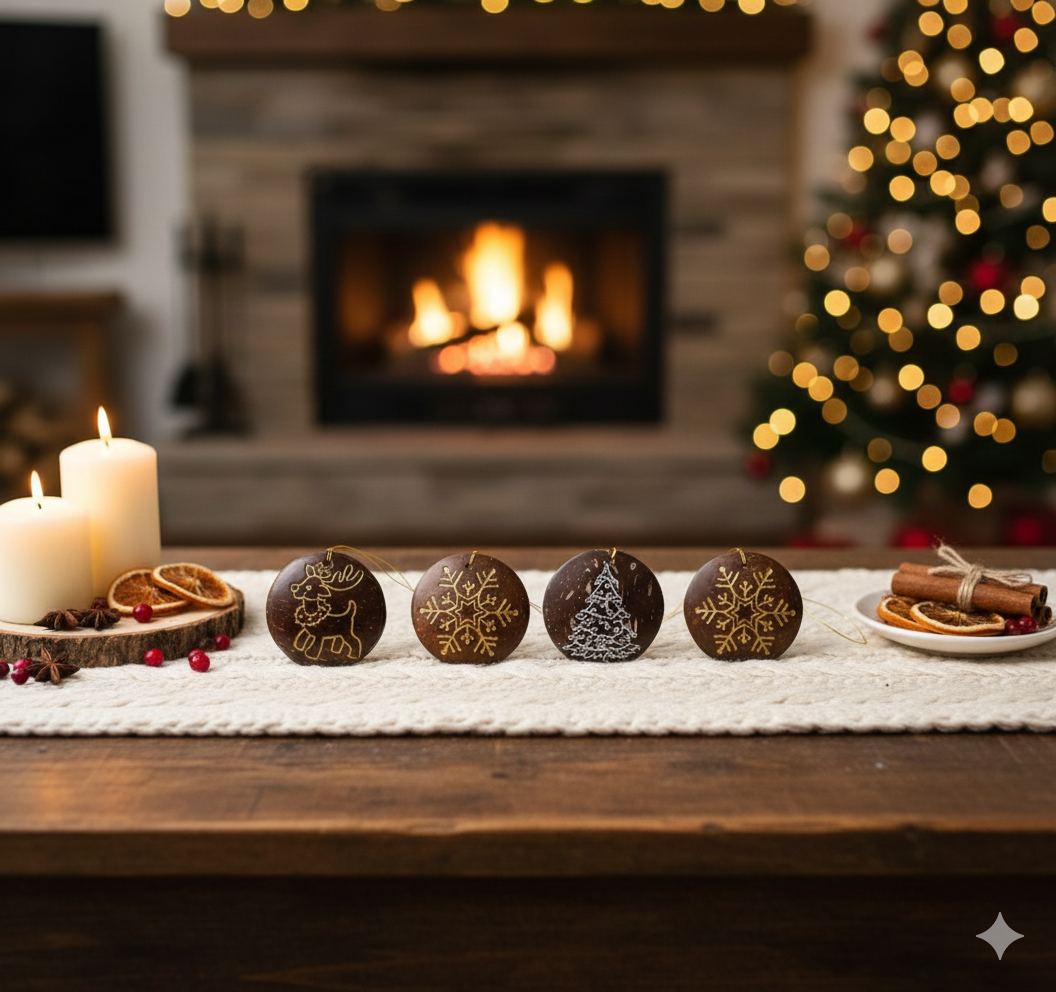 Hand-Carved Coconut Shell Christmas Ornament – Reindeer