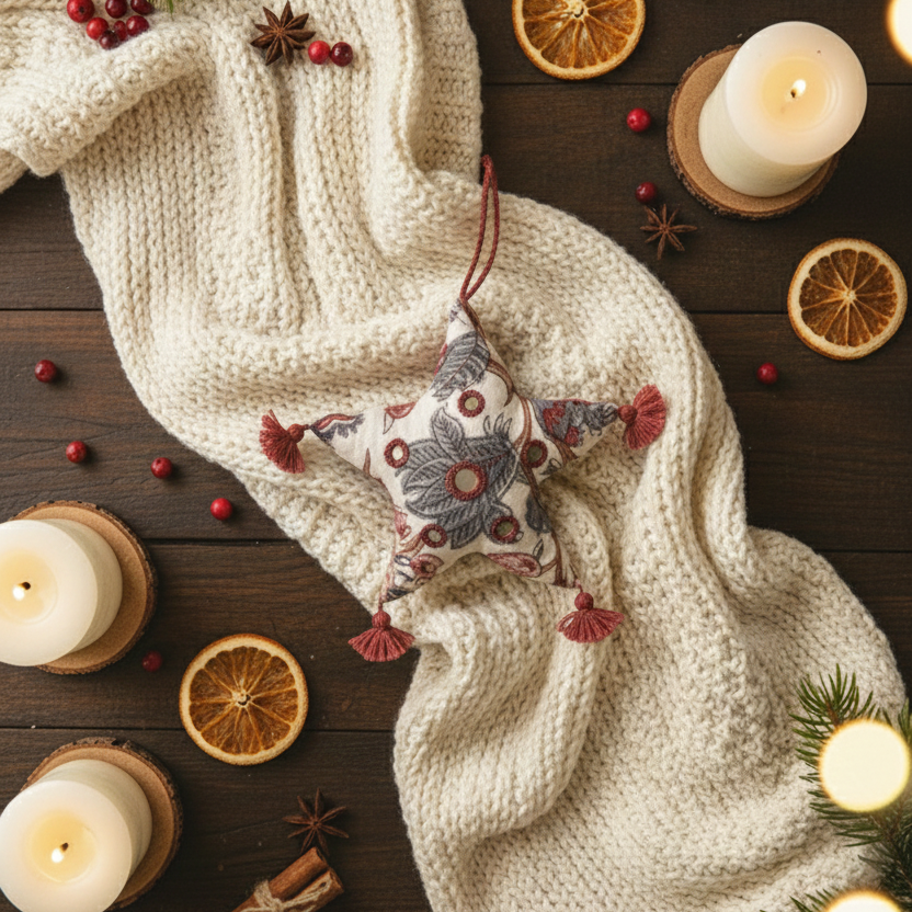 Artisan Stitched Holiday Decor - Fabric Sage Star - Red