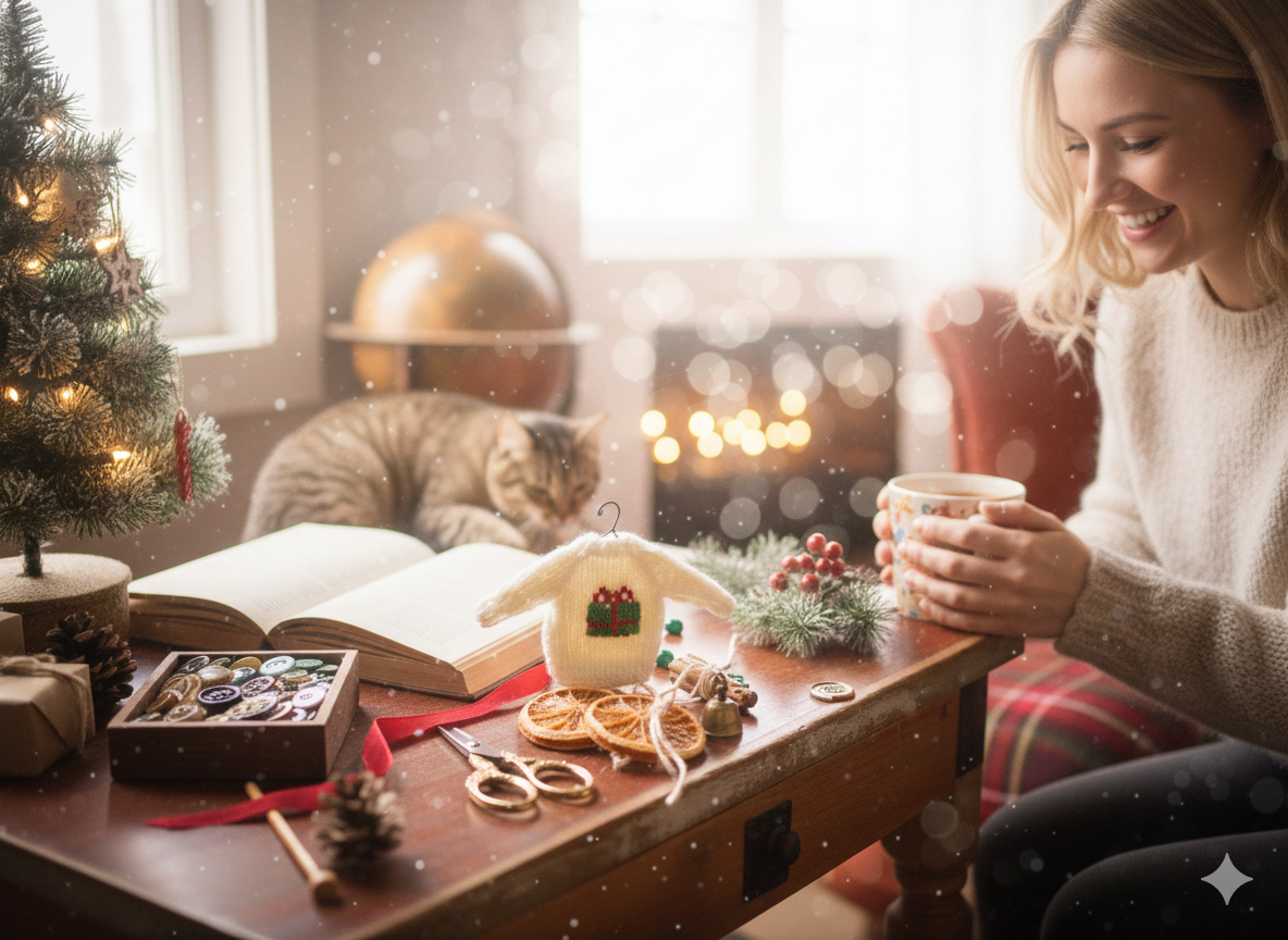 Hand-Stitched Mini Sweater Gift/Ornament (White with Gift Box stitch) – 5”