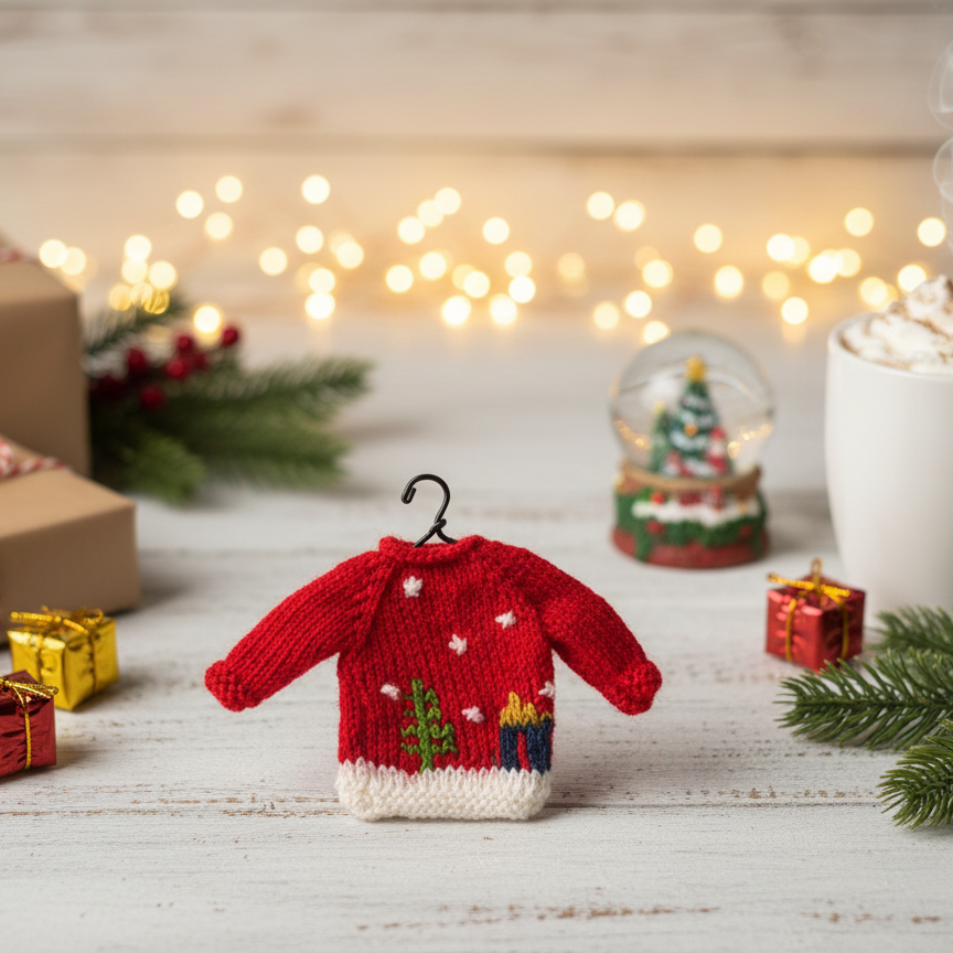 Hand-Stitched Mini Sweater Gift/Ornament (Red & White) – 5”