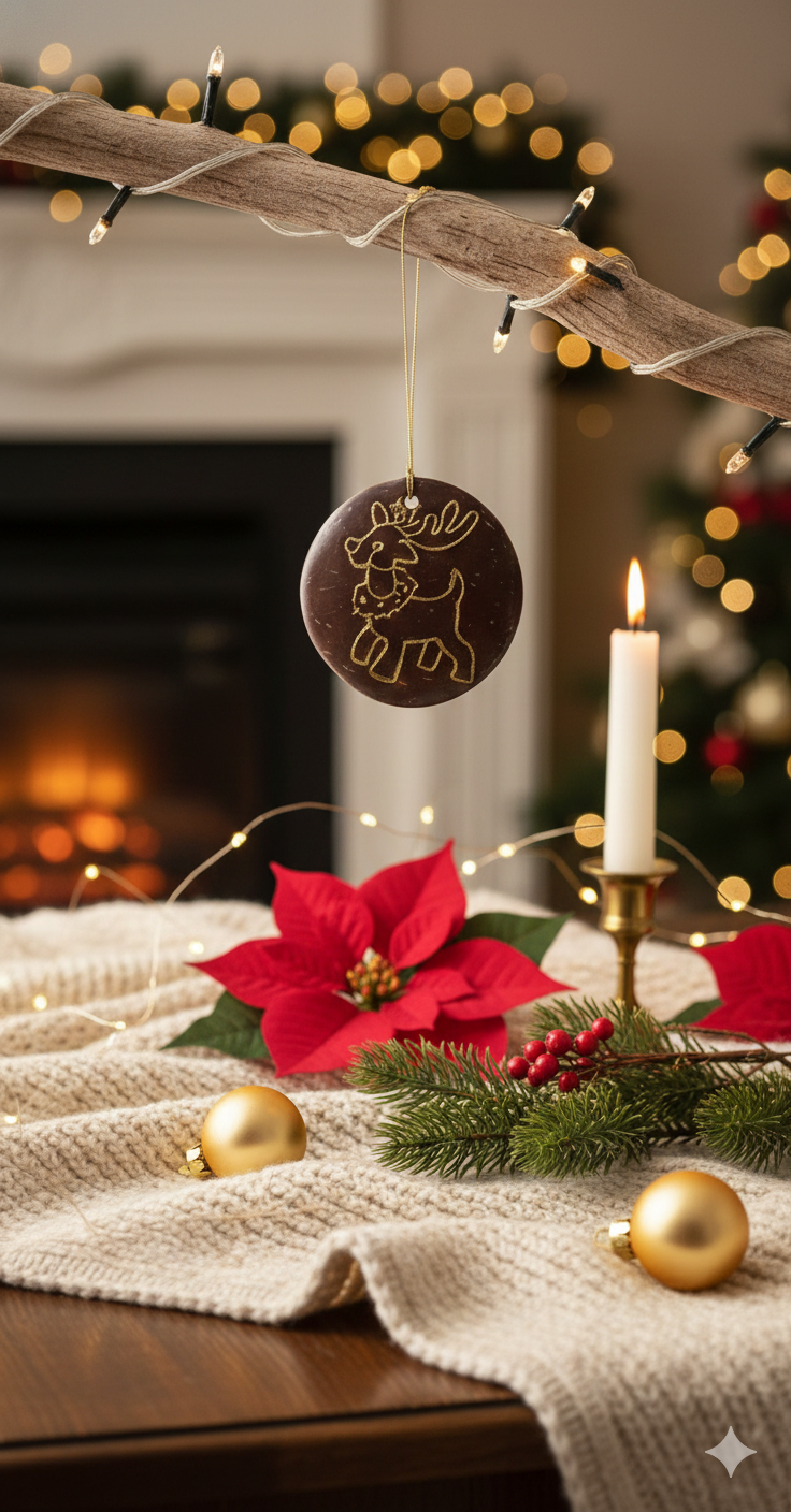 Hand-Carved Coconut Shell Christmas Ornament – Reindeer