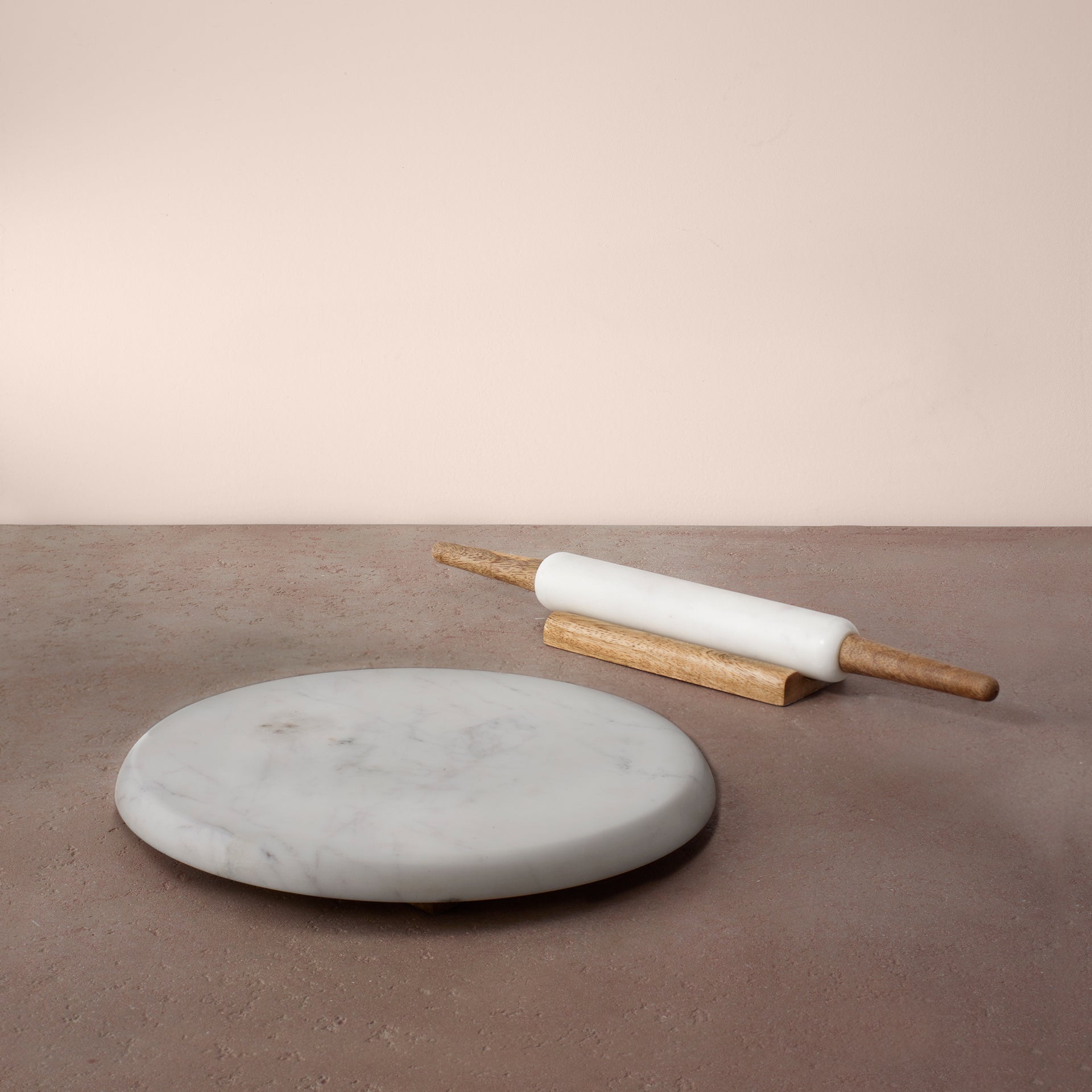 Marble Rolling Base & Rolling Pin with Stand (Chakla Belan with stand Set of 3) White
