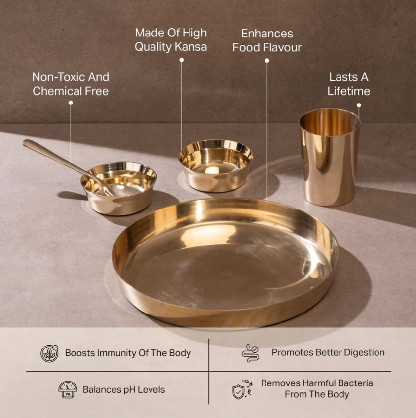 Kansa Thali Set / Bronze Set (11" Plate) - 5pcs (1 Plate, 2 Bowls, 1 Glass & 1 Spoon)