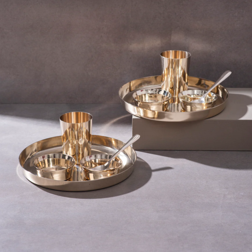 Kansa Thali Set / Bronze Set (11" Plate) - 5pcs (1 Plate, 2 Bowls, 1 Glass & 1 Spoon)