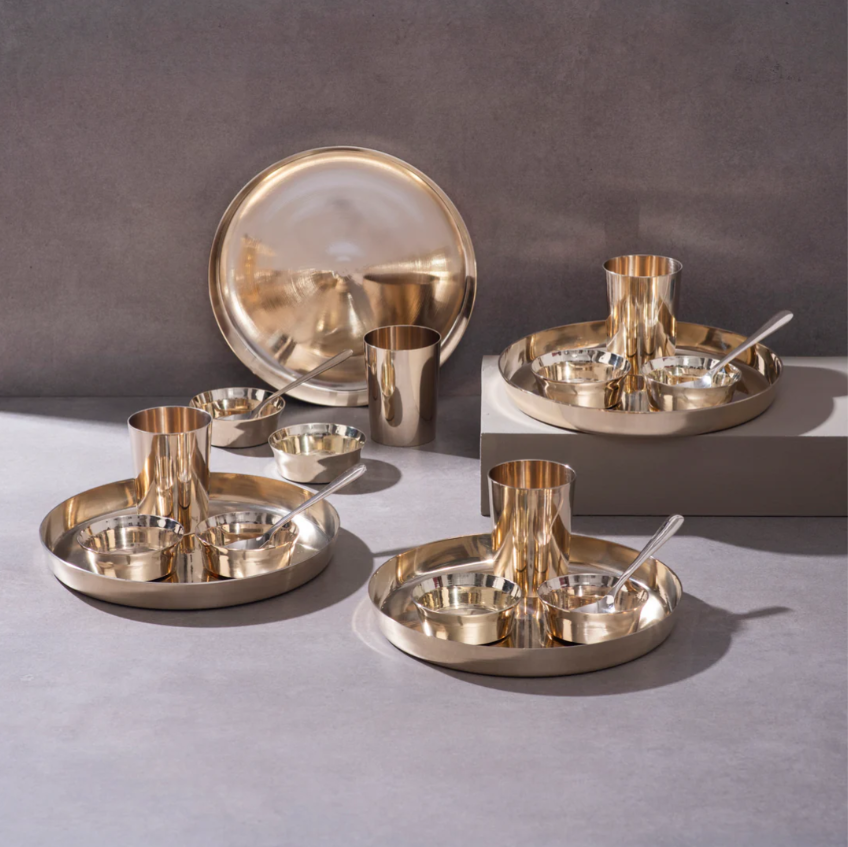 Kansa Thali Set / Bronze Set (11" Plate) - 5pcs (1 Plate, 2 Bowls, 1 Glass & 1 Spoon)