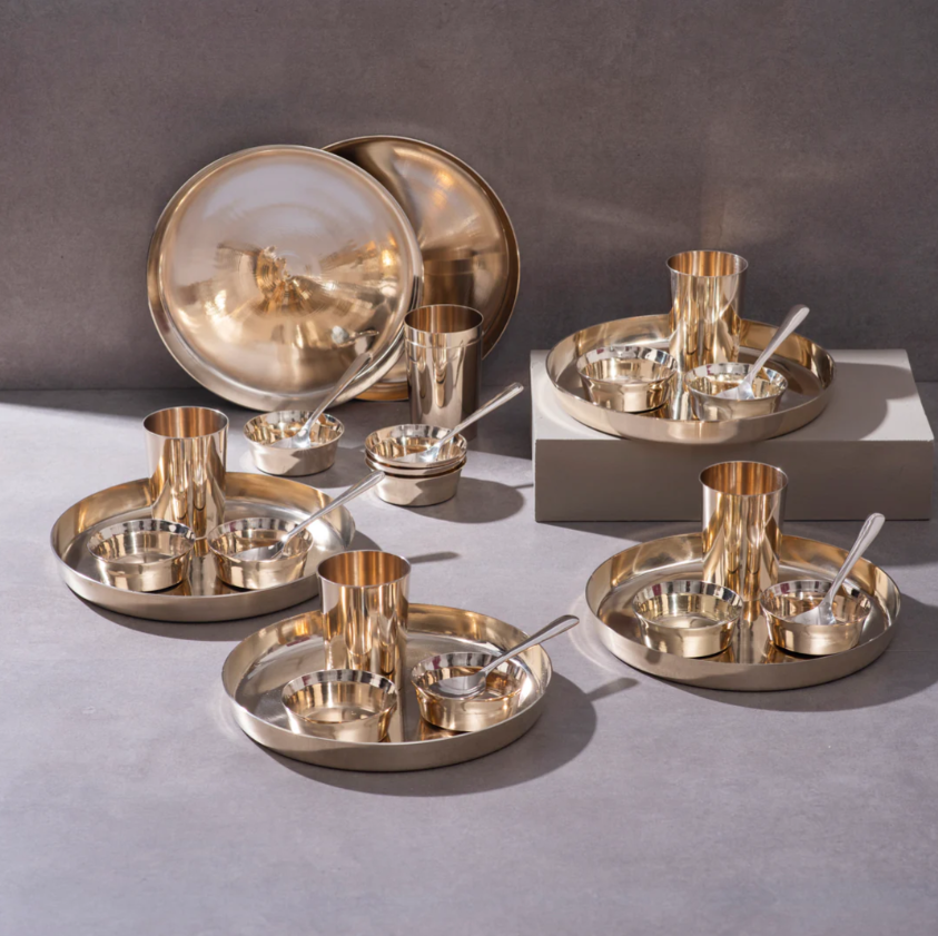 Kansa Thali Set / Bronze Set (11" Plate) - 5pcs (1 Plate, 2 Bowls, 1 Glass & 1 Spoon)
