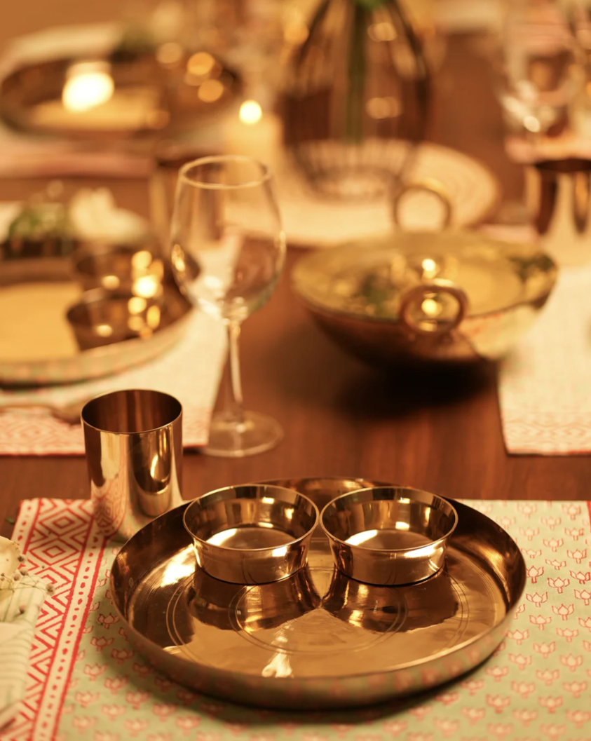 Kansa Thali Set / Bronze Set (11" Plate) - 5pcs (1 Plate, 2 Bowls, 1 Glass & 1 Spoon)