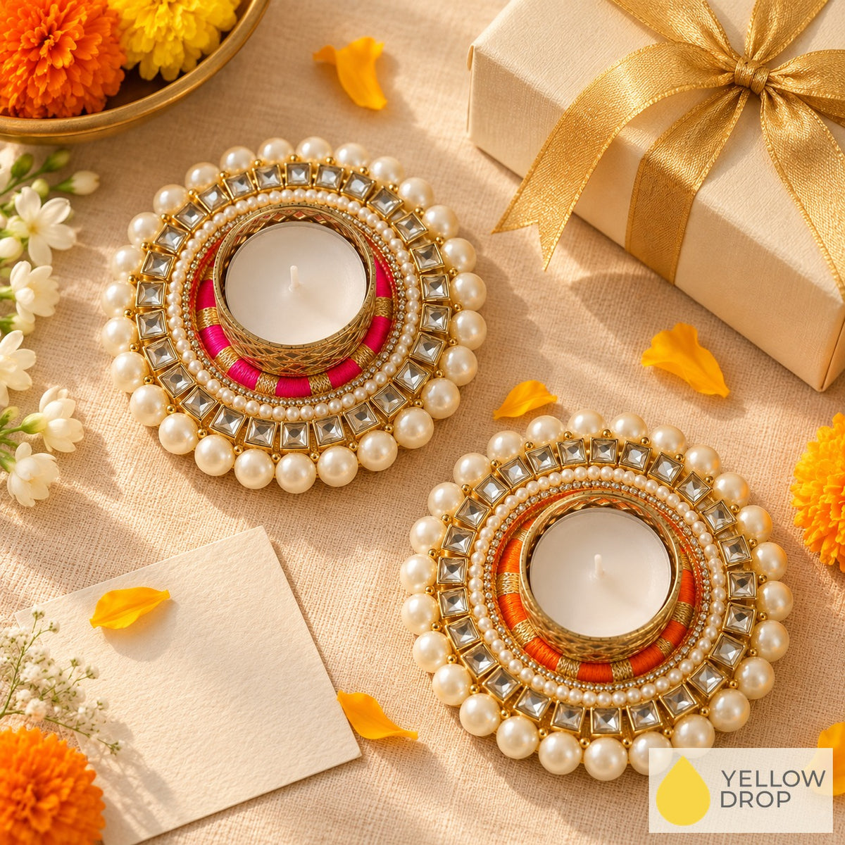 Pink and orange Kundan Pearl tealight holders with a gift box and card, a Diwali gifting idea