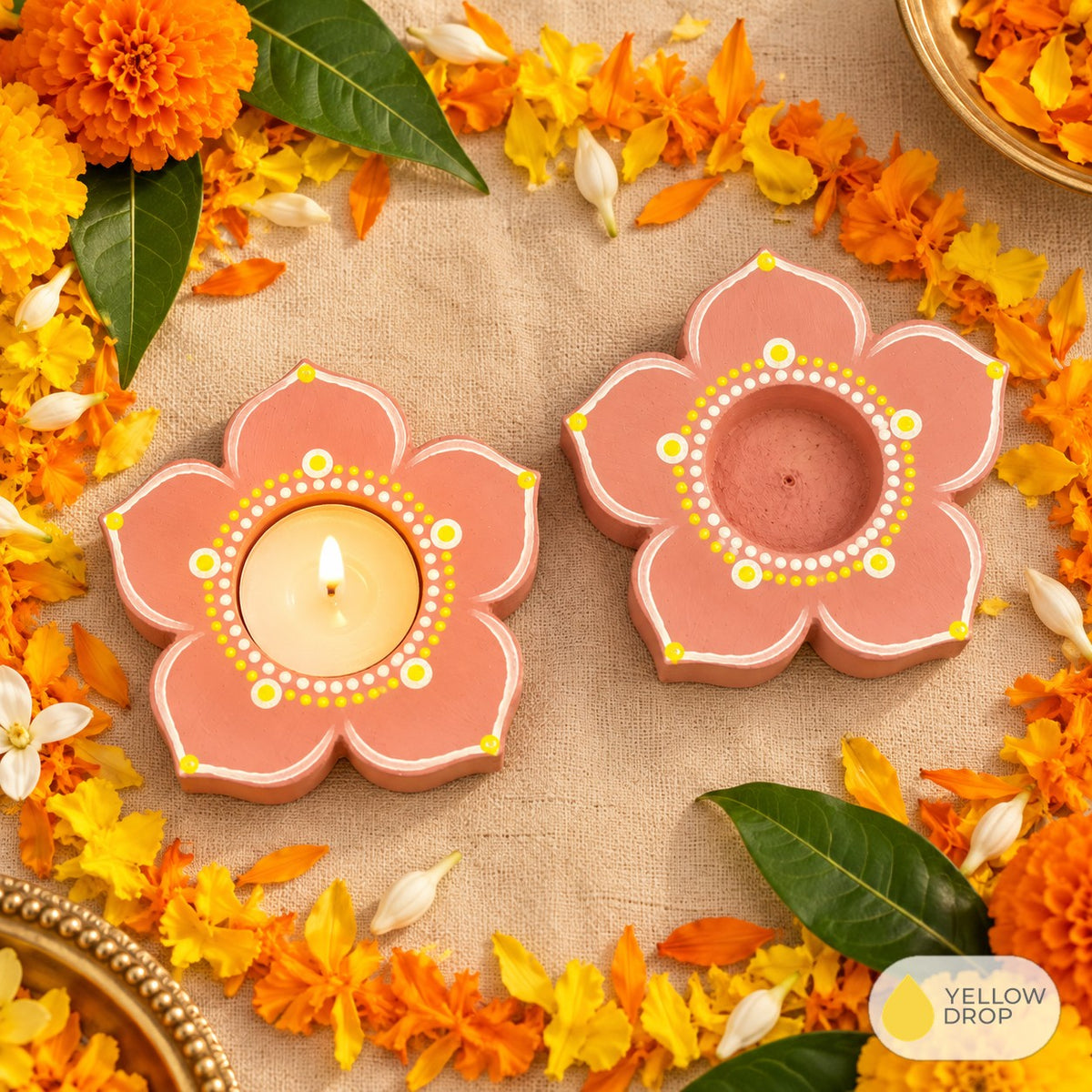 Wooden flower tealight holders with marigold rangoli