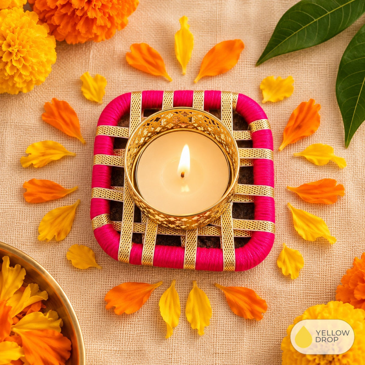 Pink Gota Square Tealight Holder, lit