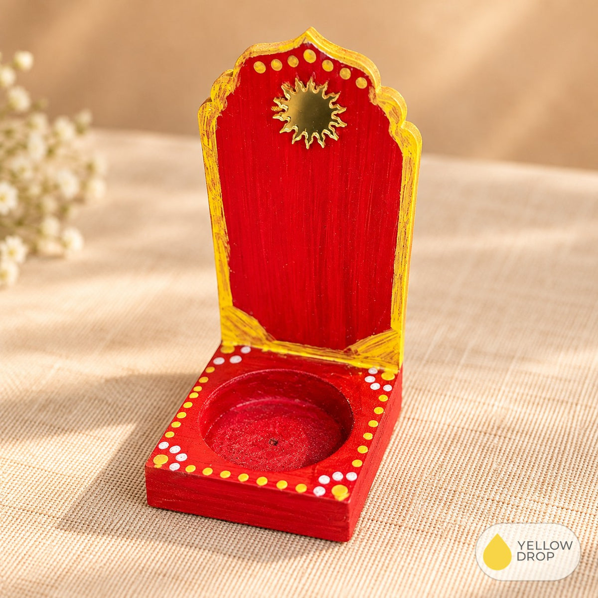 Hand-painted wooden tealight holder, red