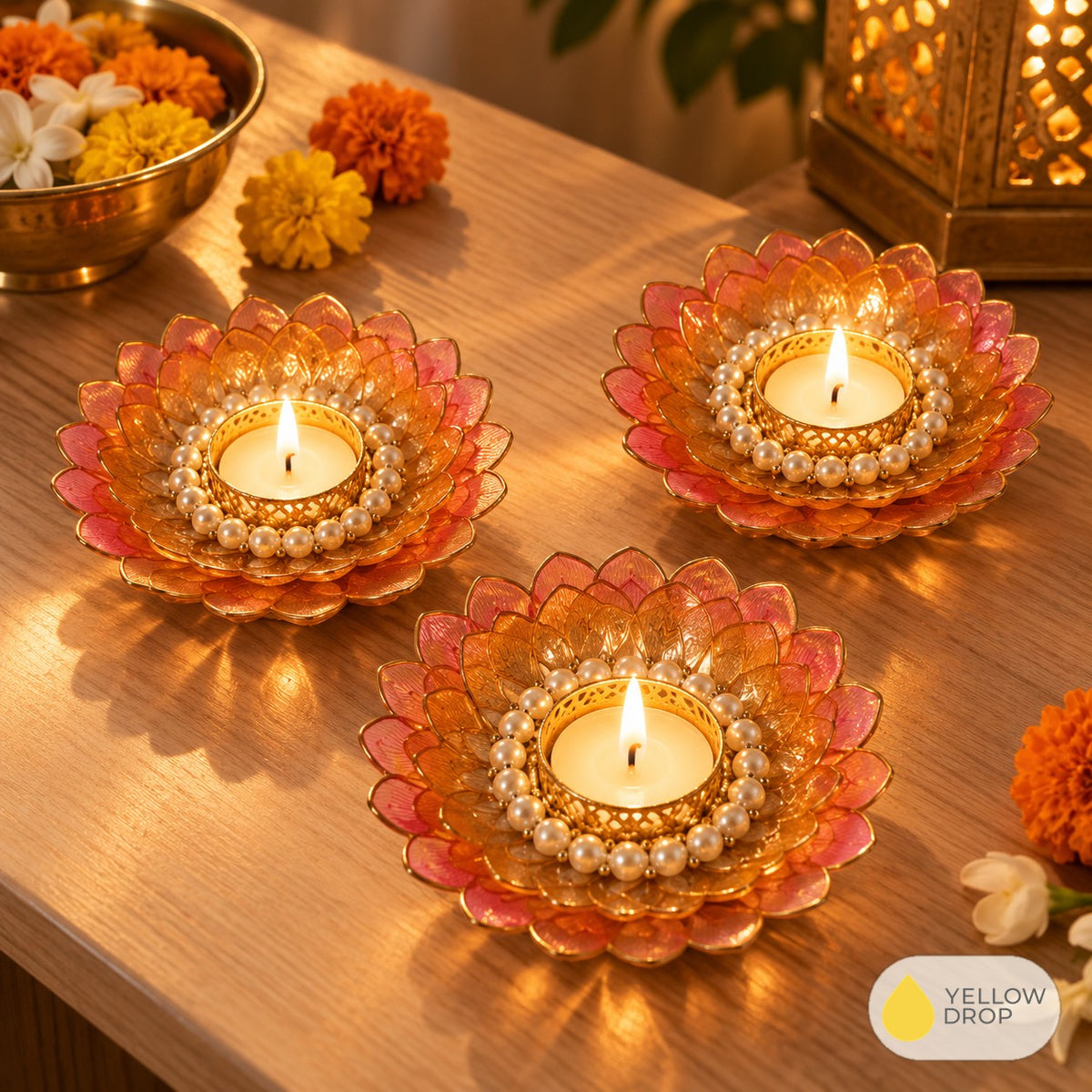 Lotus Petal Tealight Holders, lit