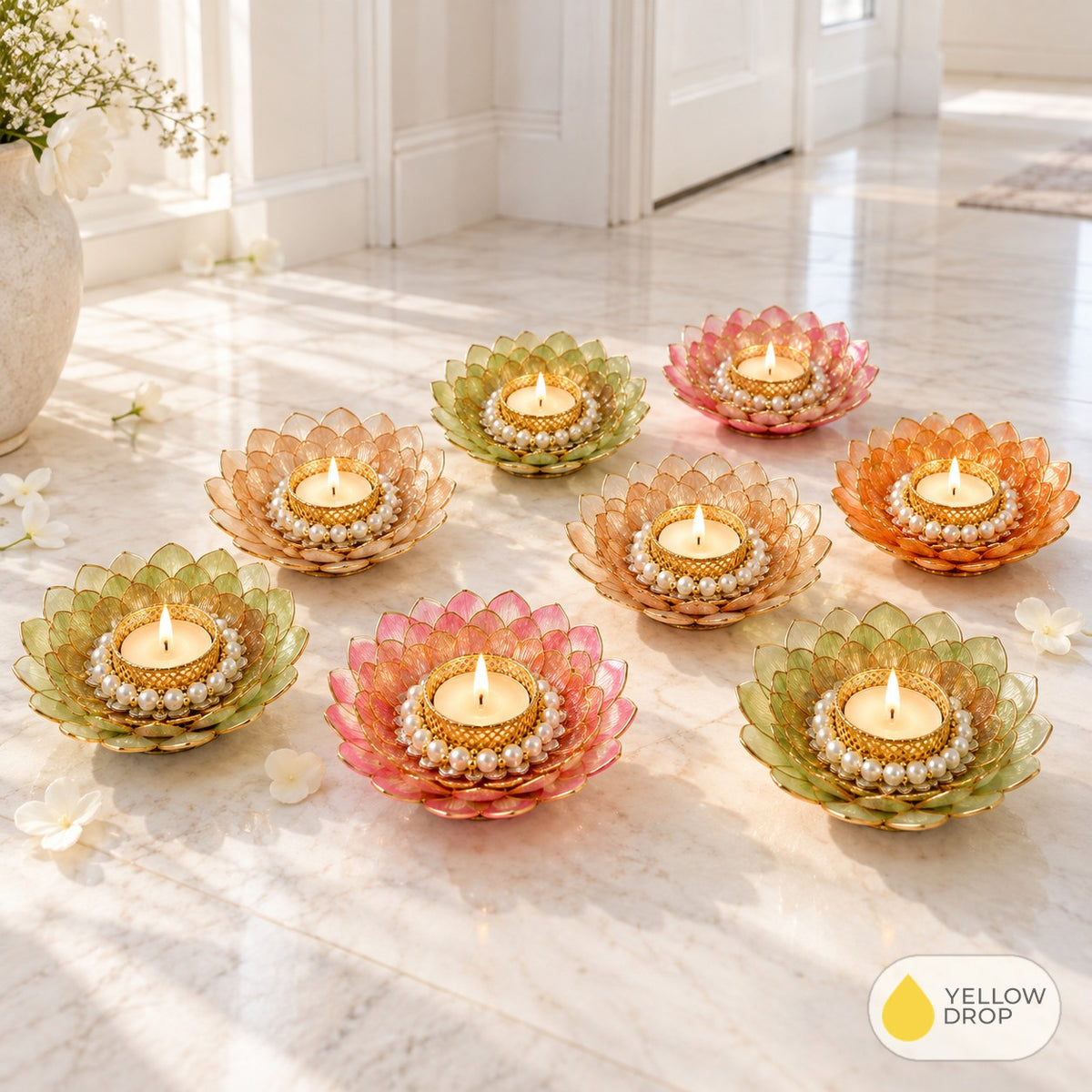 Lotus Petal Tealight Holders, all colours in a hallway
